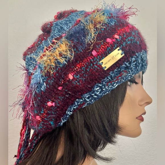 “Hand Knits 2 Love” Slouch Tam Beanie Hat Adjustable Fit Decorative Beads Boho - Picture 6 of 10